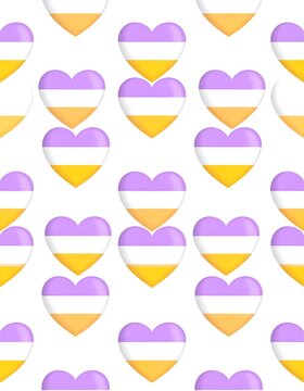 A repeating pattern of colorful heart shapes with purple, white, and yellow stripes on a white background