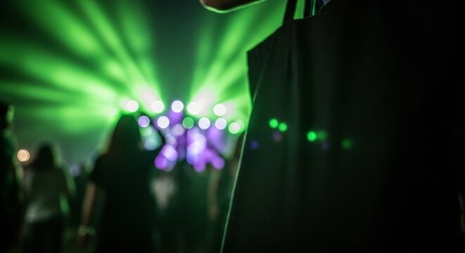 Close up of eco friendly black tote bag held by festival goer with colorful bokeh stage lights
