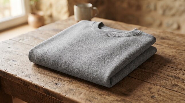 Blank Folded Premium Crewneck Sweater Mockup on Rustic Wooden Table for Fashion Branding Clothing Merchandise Apparel Printing and Product Presentation