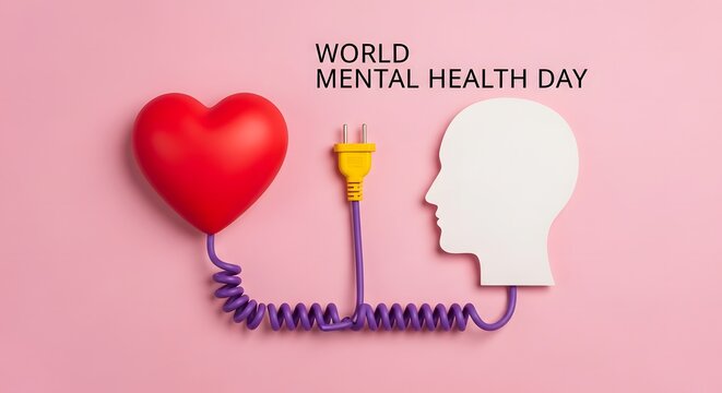 World mental health day conceptual background with a red heart connected to a human head silhouette