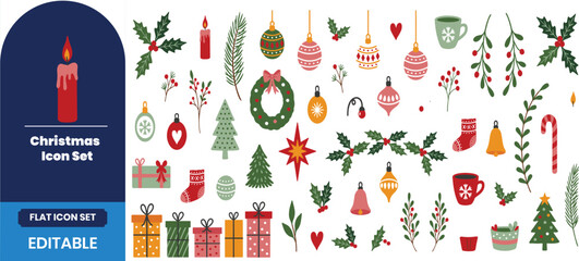 Set of hand drawn watercolor christmas elements and festive holiday decorations for seasonal design and greeting cards © Moriyom