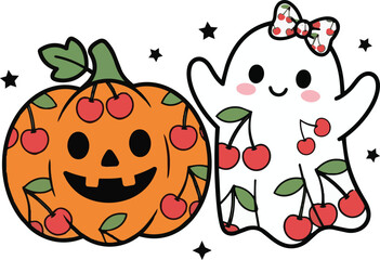 Fototapeta premium Cute cartoon ghost with cherry branches and smiling jack o lantern