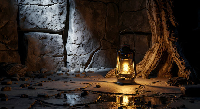 Old Lantern Illuminates Stone Dungeon Wall with Shadows and Reflections