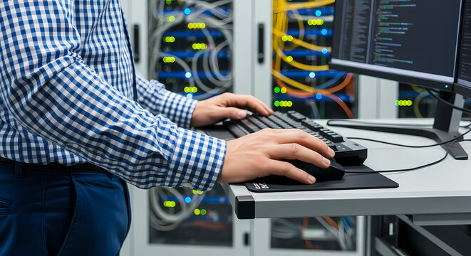 IT Technician Working In Server Room With Blinking Lights