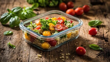 Obraz premium Quinoa salad with cherry tomato and fresh greens in glass container. Healthy lunch box for meal prep. Nutritious vegetarian food clean eating concept on rustic dark wooden background.