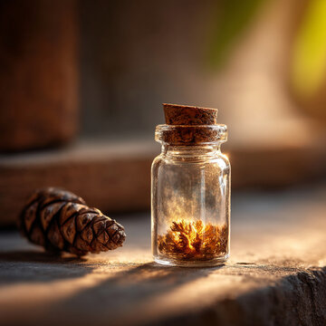 Small glass bottle with dried herbs and pine cone on wooden surface apothecary botanical