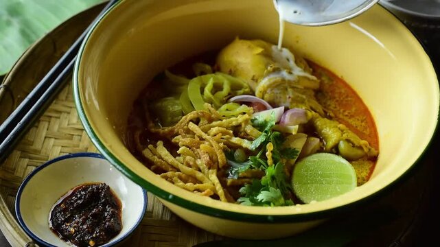 Pouring creamy coconut milk over traditional Northern Thai Khao Soi curry noodle soup with crispy egg noodles and chicken in bowl.