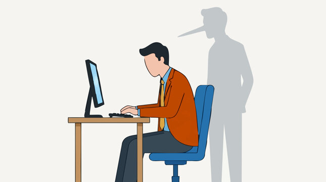 Man at computer with long nose shadow, representing dishonesty and deceit