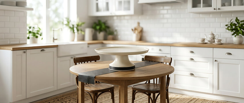 Elegant White Cake Stand on Rustic Wooden Table in Bright Sunlit Kitchen Setting with Subway Tile Backsplash