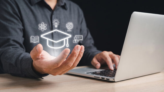 Online study assistant laptop digital concept for remote education support and modern learning light icon. ai technology innovation. online remote student learning, school education computer help