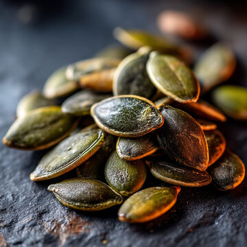 Pile of roasted green pumpkin seeds on dark slate background for healthy eating