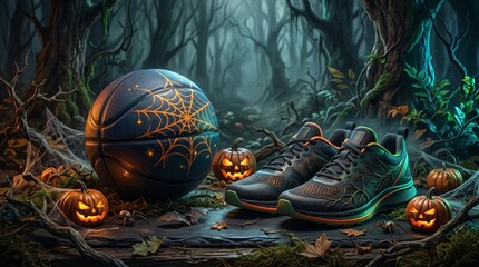 Obraz premium Basketball with cobweb design and sneakers in haunted forest with glowing jack o lantern. Halloween sports equipment for themed workout. Spooky October celebration and active lifestyle