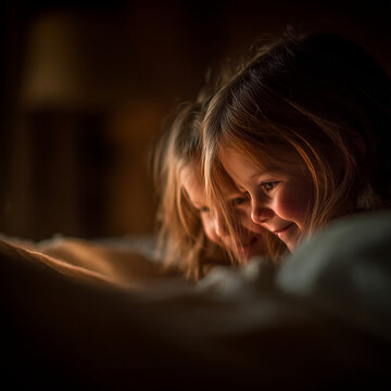 Two small children reading a book together by warm dim light at nighttime with children