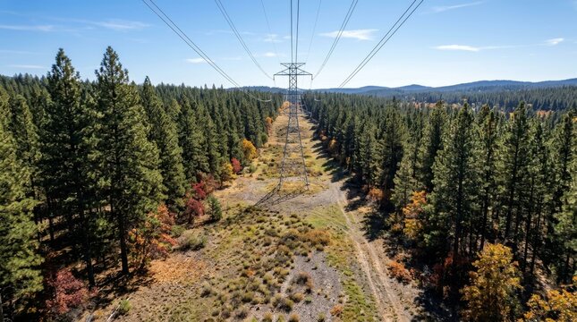 Power lines stretch over a pine forest under a clear blue sky.