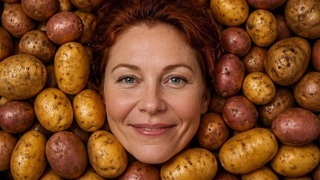 A woman with auburn hair smiles as her face is partially revealed amidst a large collection of earthy potatoes