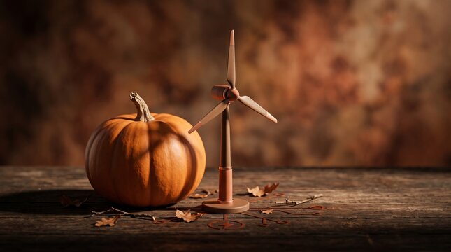 Small wind turbine model next to a pumpkin on a rustic wooden table. Concept of renewable energy and sustainable autumn power for Halloween holiday. Eco friendly environment technology