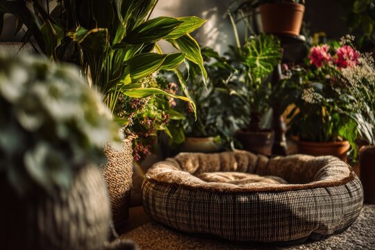 Empty soft pet bed placed on floor surrounded by many house plants. Cozy home interior with green foliage and flowers. Concept of pet care, comfort and indoor gardening relaxation.