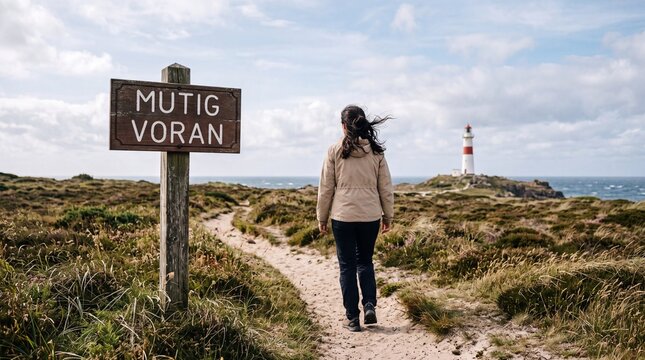 Junge Frau geht mutig voran auf sandigem K&uuml;stenweg zum Leuchtturm vorbei am Wegweiser Schild