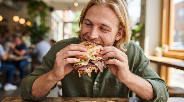 Blonde man eating large gourmet sandwich in cozy restaurant. Happy hungry guy enjoying fresh delicious lunch meal. Fast food lifestyle, appetite and tasty snack concept in bistro setting
