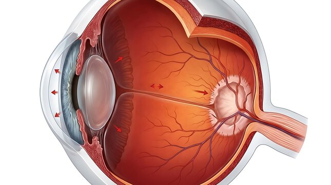 Human Eye Cross Section Showing Retinal Detachment and Vision Loss Medical Anatomy Illustration