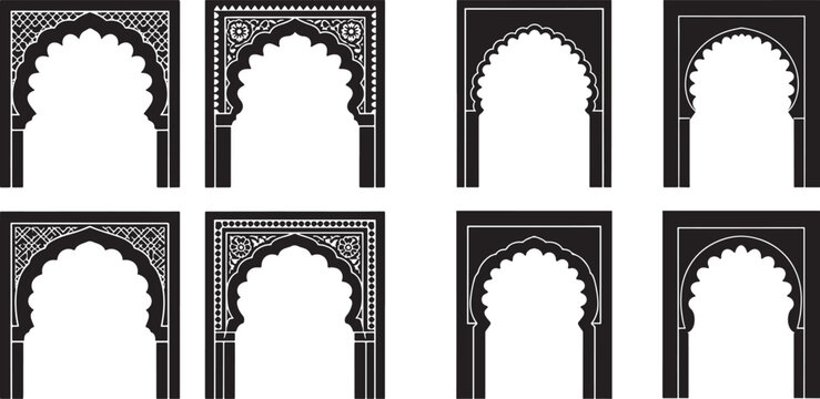 Set of traditional moroccan and islamic arch silhouettes with decorative patterns and geometric frames