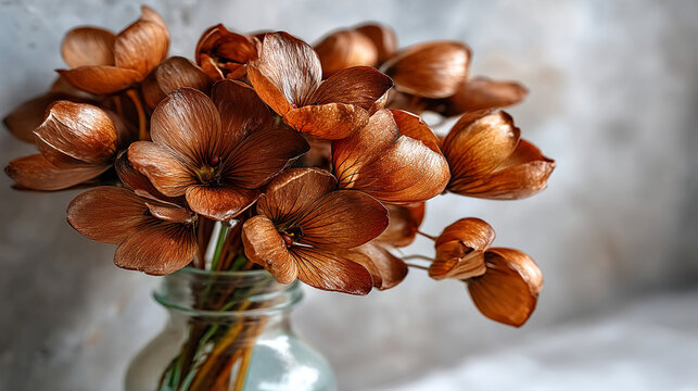 Bouquet of dried brown flowers in a glass vase on a rustic table with botanical, withered
