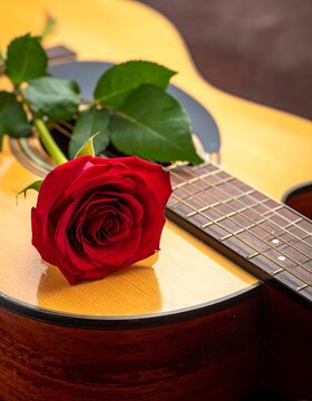 A red rose rests on the body of an acoustic guitar with green leaves