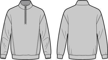 Flat lay vector illustration of a comfortable mens gray quarter zip sweatshirt showcasing front and back views © MdMokter