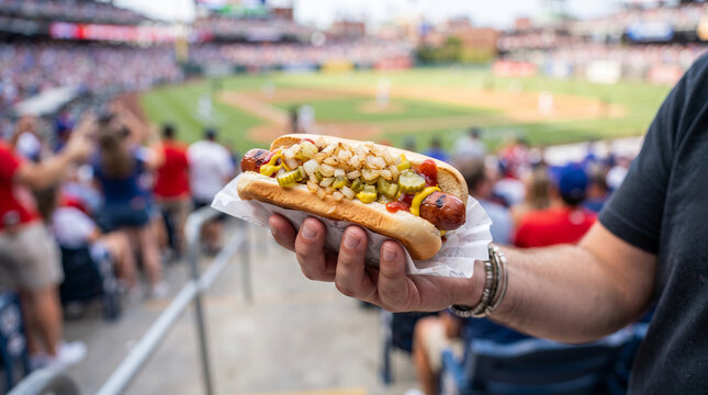 Man holding hot dog at professional baseball stadium. Fan eating classic snack during summer game. Traditional stadium food and sports entertainment experience. Leisure and lifestyle concept