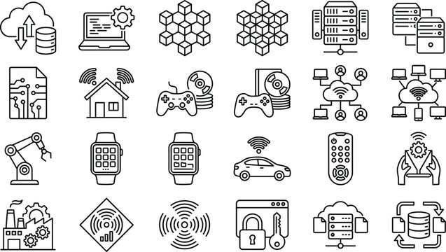 Cloud computing server network blockchain iot smart automation and cyber data security linear outline icon set