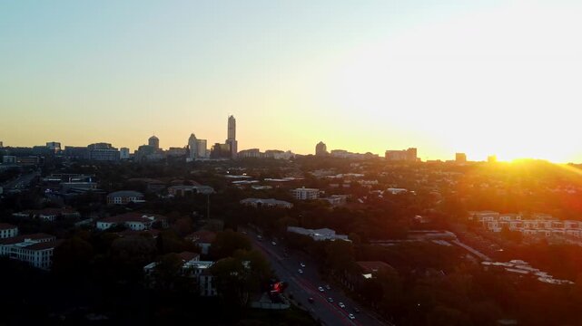 Drone view of Sandton at sunset