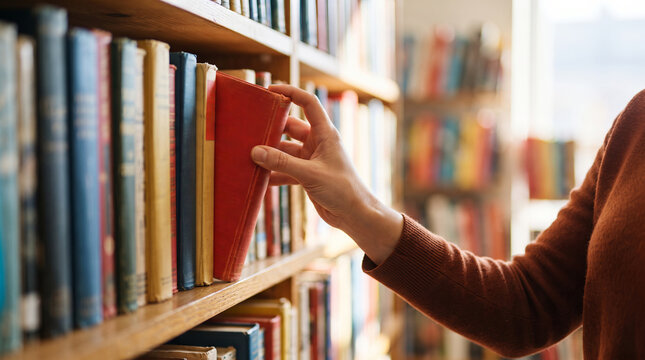 Woman choosing book from library shelf. Student searching for literature in bookstore. Academic research and education concept. Intellectual activity, hobby of reading and learning