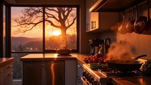 The kitchen is ready for a delightful meal preparation as the sun sets in the background.