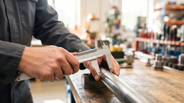 Machinist measuring metal cylinder part with caliper in workshop. Industrial engineer performing quality control inspection during manufacturing process. Precision engineering and metalwork
