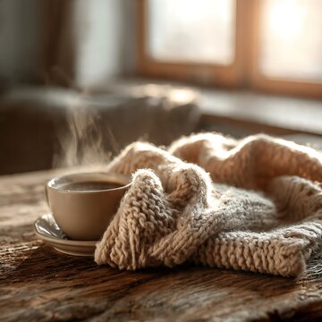 Steaming cup of coffee with a cozy knitted sweater on a rustic wooden table.