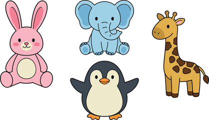 Naklejka premium Cute Baby Animal Vector Character Set Featuring a Pink Bunny, Blue Elephant, Giraffe, and Penguin for Kids Designs, Stickers, and Nurseries