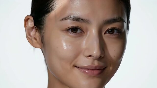 Close-up of a young Asian woman with radiant, healthy glowy skin and natural makeup, smiling gently at the camera against a plain white background.