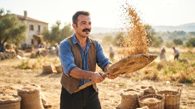 Man farmer winnowing wheat by tossing grain into air with wooden shovel. Traditional agricultural harvest process on rural farm field. Healthy organic food production and countryside labor