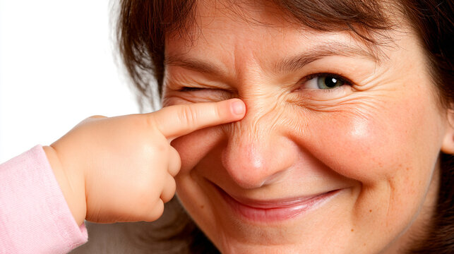 Close-up portrait of a mature woman smiling while a baby finger touches her nose