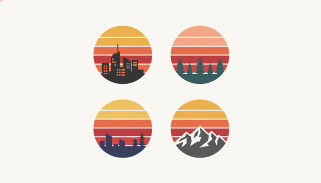 Retro sunset emblem collection features city skyline, evergreen forest, pagoda towers, and mountain peaks in circular frames.