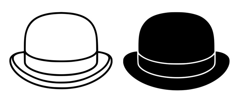Minimalist bowler hat icon in outline and silhouette style, for UI/UX app design