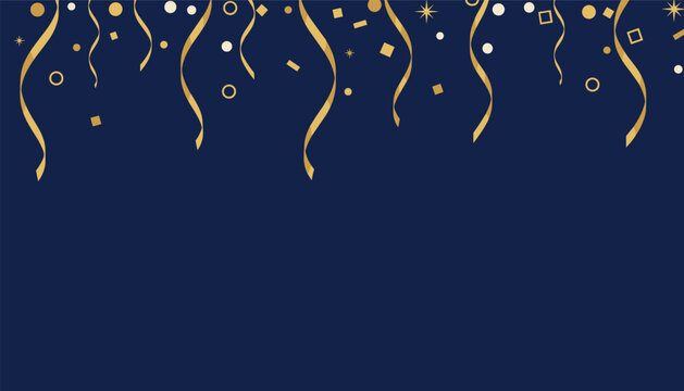 Festive dark blue background features elegant gold confetti and curling ribbons falling from the top border.