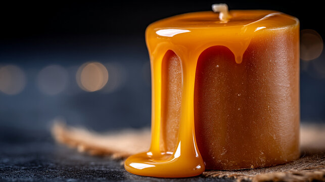 Cylindrical candle made of natural beeswax with thick golden wax dripping down the side
