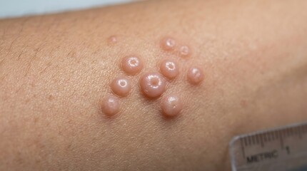 Fototapeta premium Skin rash with small red bumps on human arm