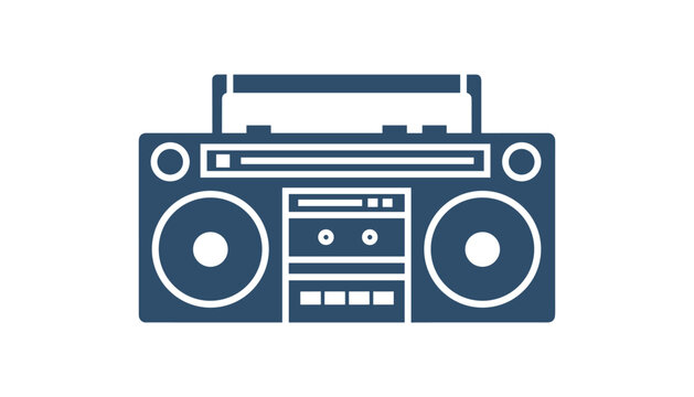 Dark blue flat icon of a retro boombox cassette tape player is centered on a solid white background.