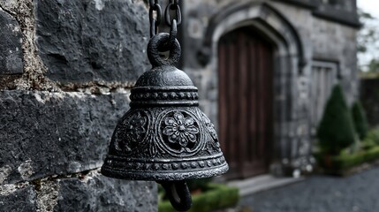 Obraz premium Antique Bell on Stone Wall Close-Up