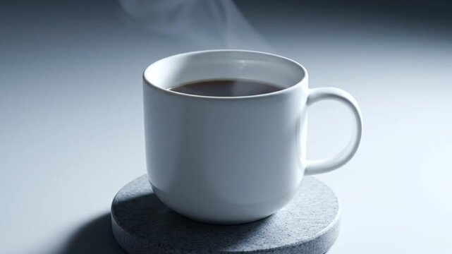 A white ceramic mug filled with steaming hot coffee sits on a stone coaster. Wisps of vapor rise gracefully against a cool, minimalist background, evoking a peaceful morning ritual.