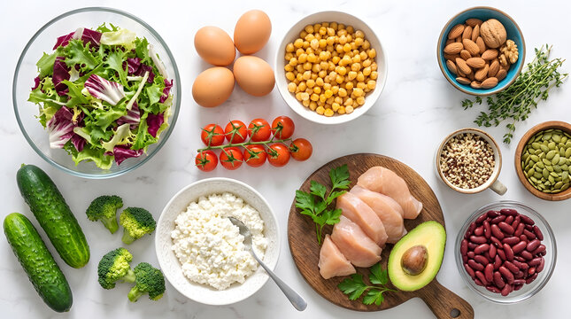 High Protein Healthy Food Ingredients Flat Lay on White Marble | Fresh Chicken Breast Eggs Avocado and Beans | Fitness Nutrition Concept 