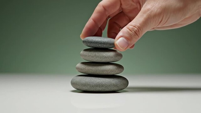A hand carefully places the final pebble atop a stack of smooth, balanced stones against a serene green background, symbolizing focus, patience, and zen-like tranquility.