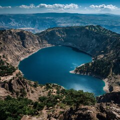 Obraz premium Stunning aerial view of a deep blue crater lake nestled in volcanic mountains.